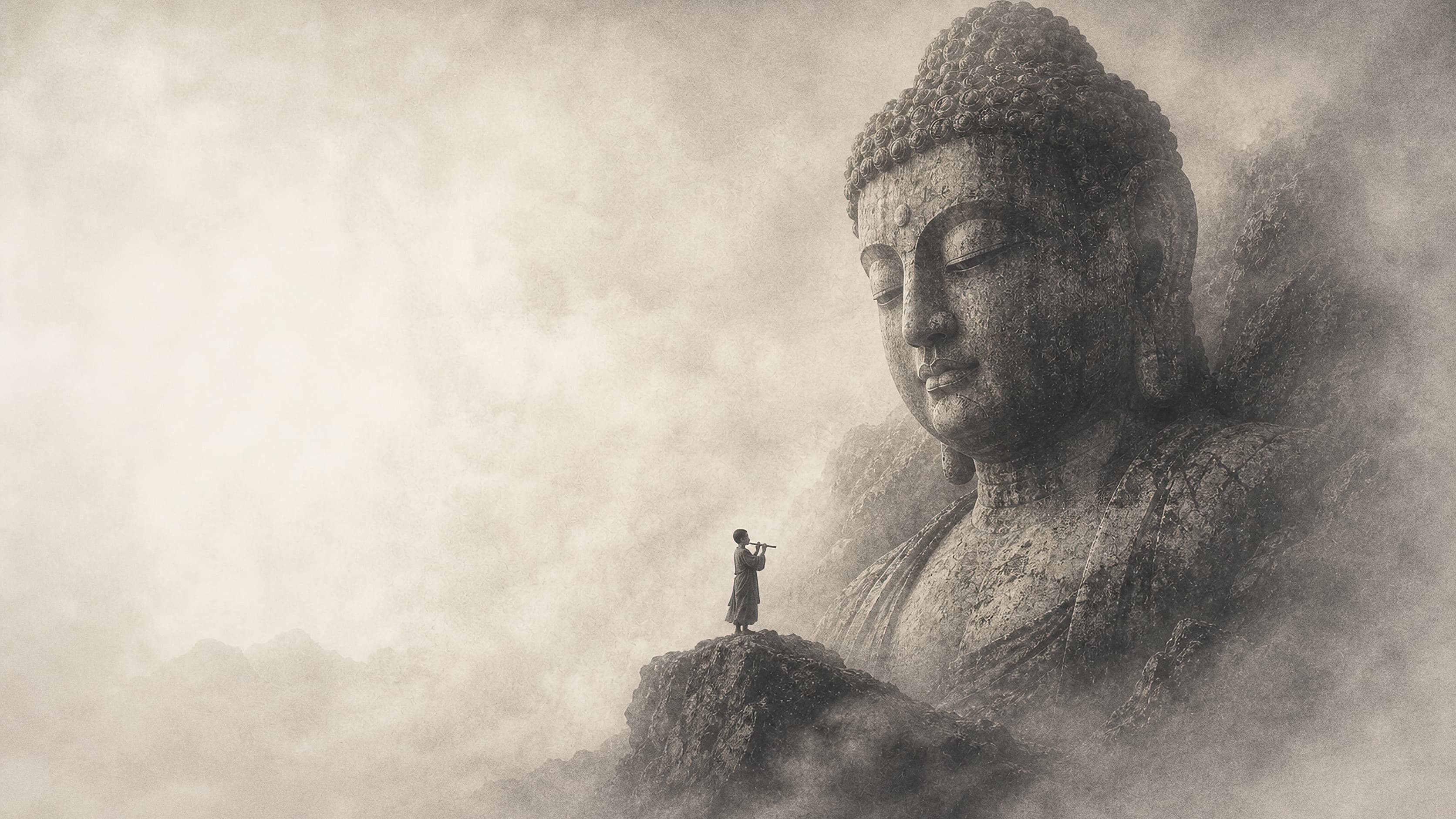 A solitary flute player facing a monumental meditative stone figure in the mist