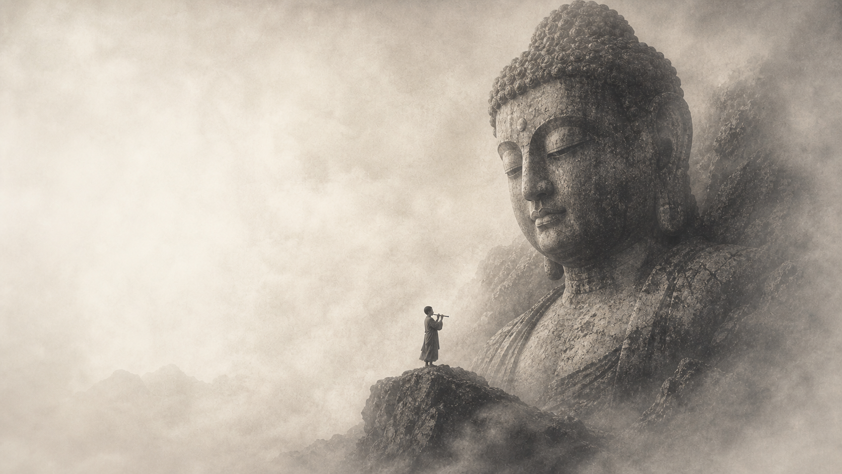 A solitary flute player facing a monumental meditative stone figure in the mist